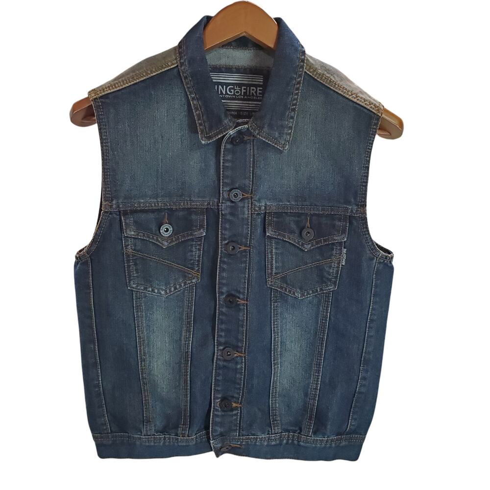Ring Of Fire Mens S Denim Vest Blue Aztec Trim Button Pockets Collared Trucker